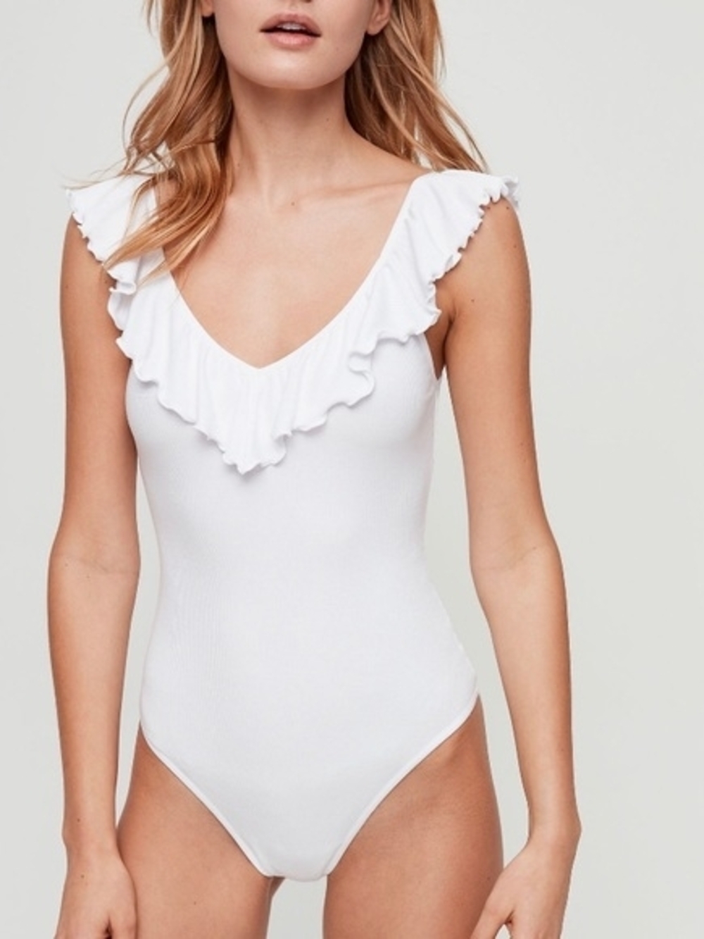 Aritzia White Ruffle V-Neck Ribbed Bodysuit
